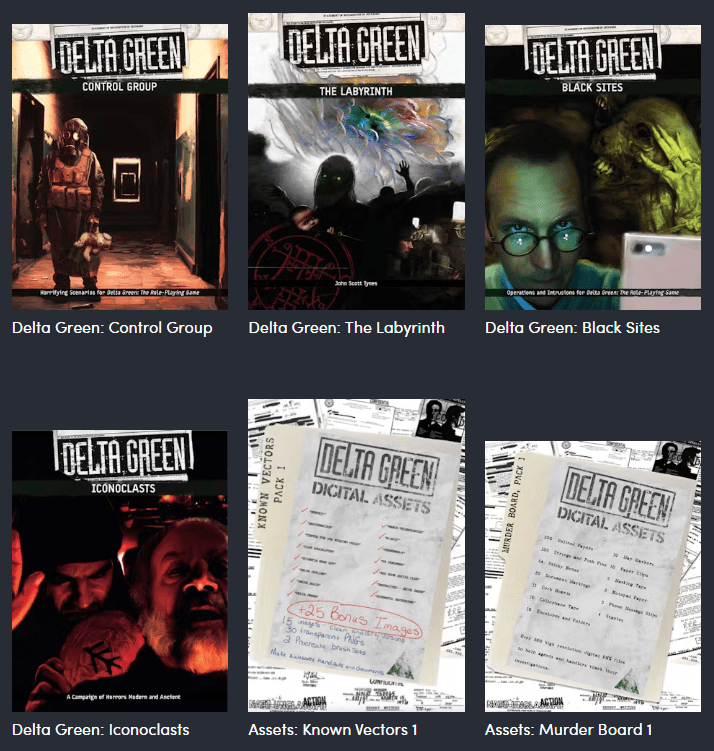 The covers of Delta Green supplements Control Group, The Labyrinth, Black Sites, Iconoclasts, Assets: Known Vectors 1, Assets: Murder Board 1