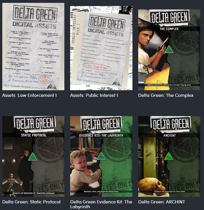 The covers of Delta Green supplements Assets: Law Enforcement 1, Assets: Public Interest 1, The Complex, Static Protocol, Delta Green Evidence Kit: The Labyrinth, ARCHINT
