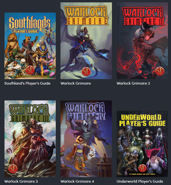 The covers of Kobold Press supplements Southland's Player's Guide, Warlock Grimoire, Warlock Grimoire 2, Warlock Grimoire 3, Warlock Grimoire 4, Underworld Player's Guide