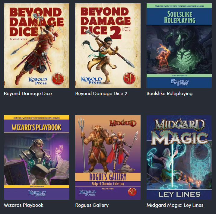 The covers of Kobold Press supplements Beyond Damage Dice, Beyond Damage Dice 2, Soulslike Roleplaying, Wizards Playbook, Rogues Gallery, Midgard Magic: Ley Lines