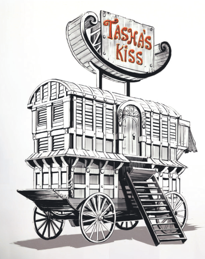 An illustration depicting the jester wagon of the renowned jester Tasha's Kiss