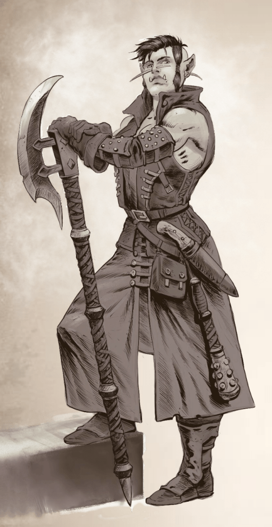 A half-orc dressed in leather armor  leaning on her greataxe.