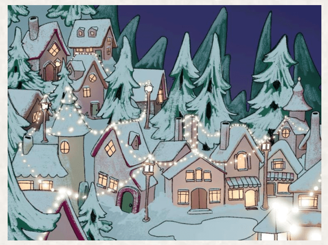 A village covered in snow, celebrating the holiday season.