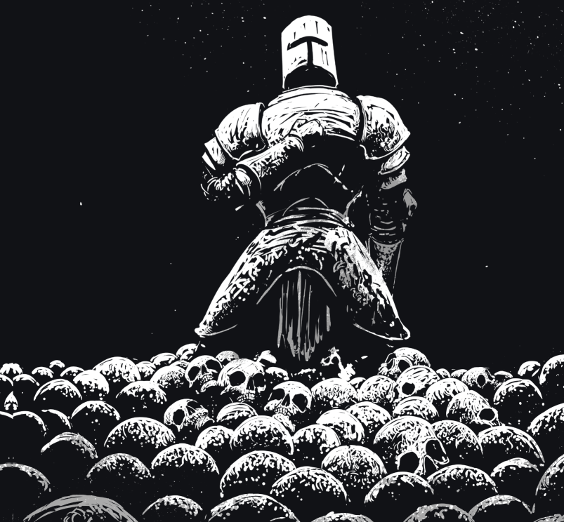 A knight kneeling upon countless skulls in a black sky.